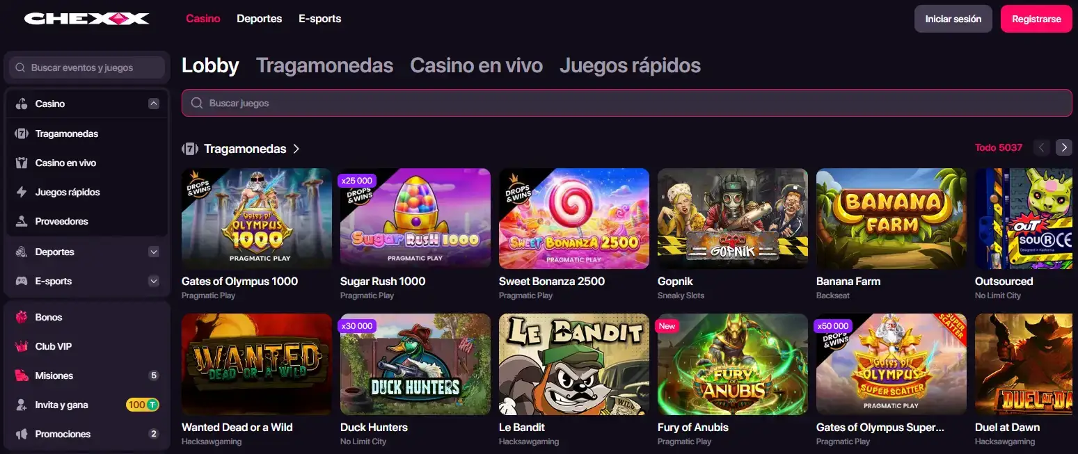 Catálogo de juegos de CHEXX con Slots, Live Casino y Fast Games