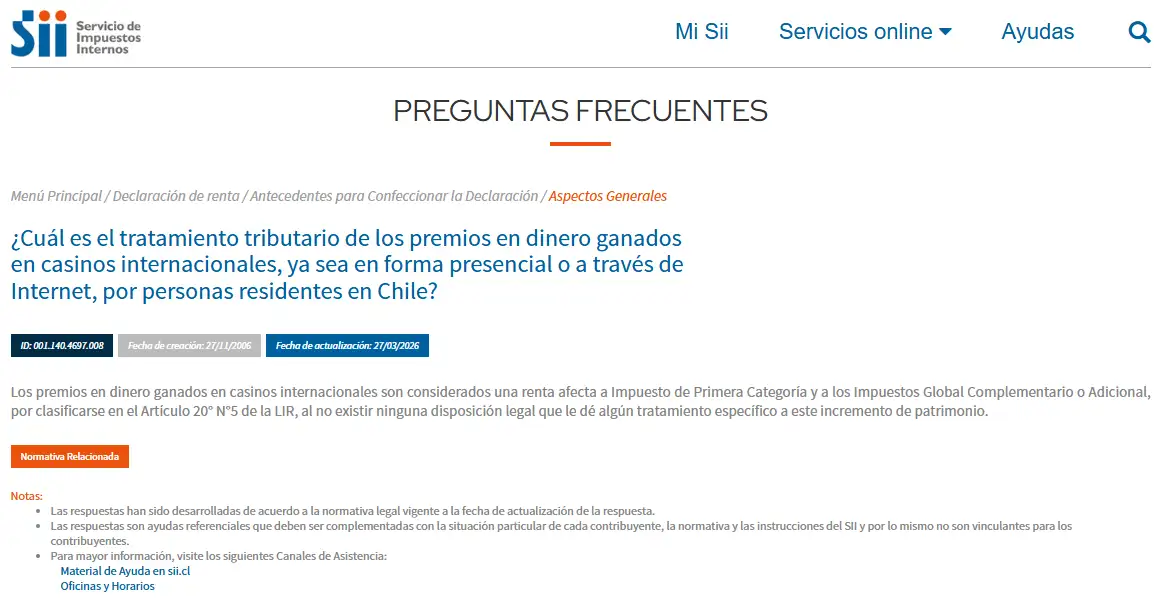 Fuente oficial del SII sobre premios de casinos internacionales e IVA digital