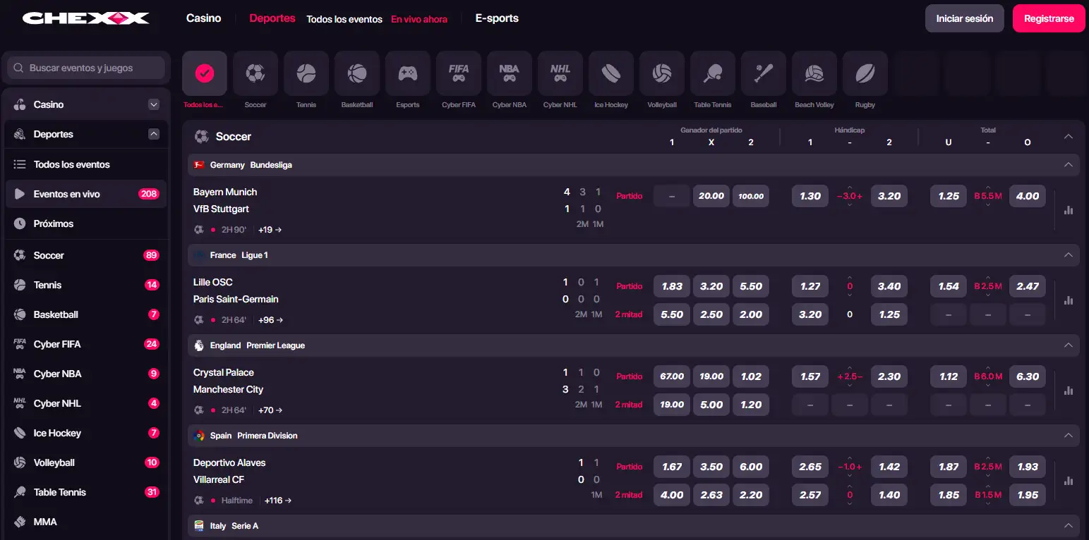 Sportsbook y sección esports de CHEXX con navegación de deportes
