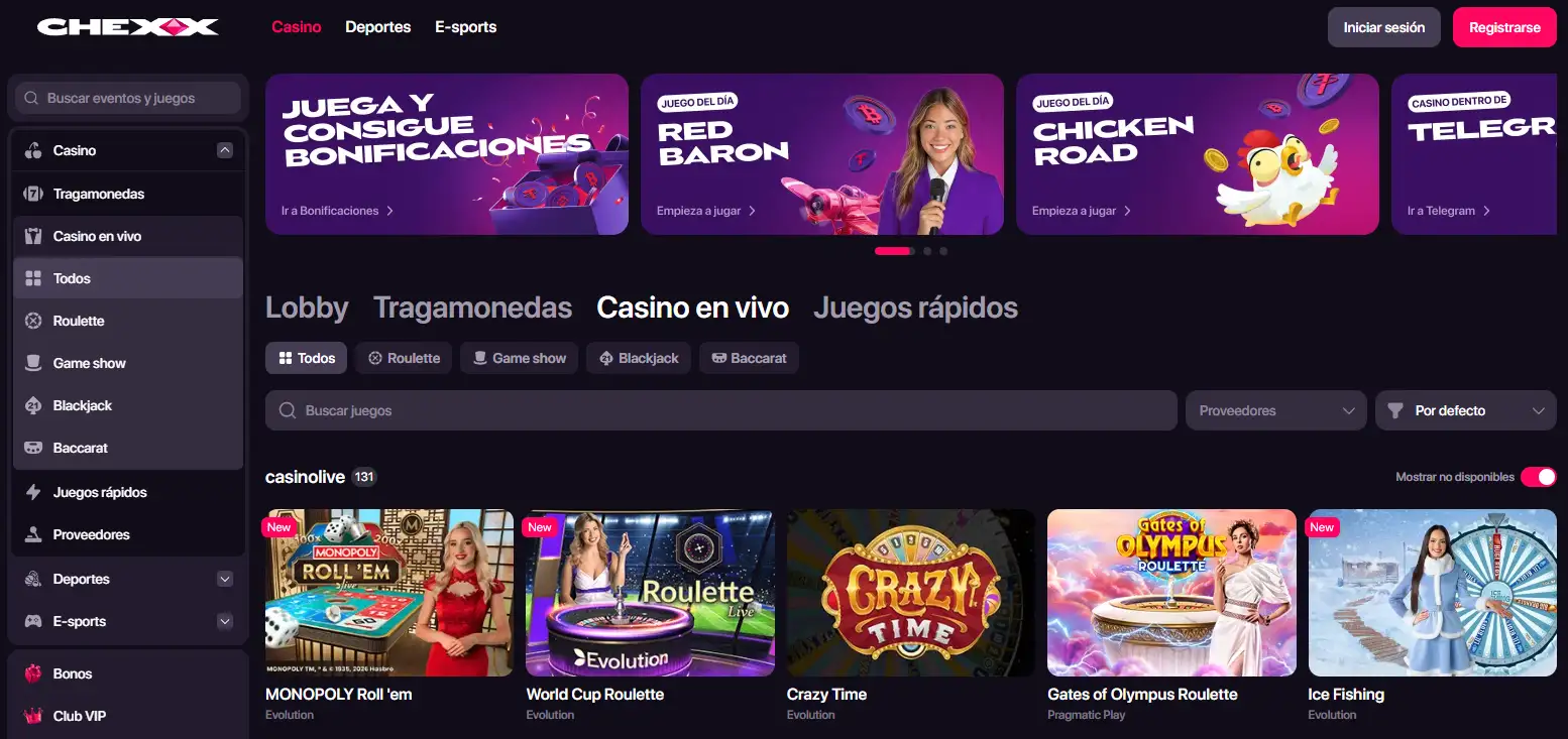 Sección Live Casino de CHEXX con categorías de ruleta, blackjack y baccarat