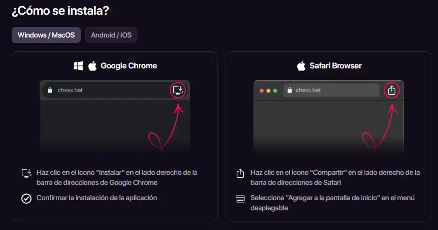 Opciones de acceso de CHEXX mediante web, PWA y Telegram Mini Apps