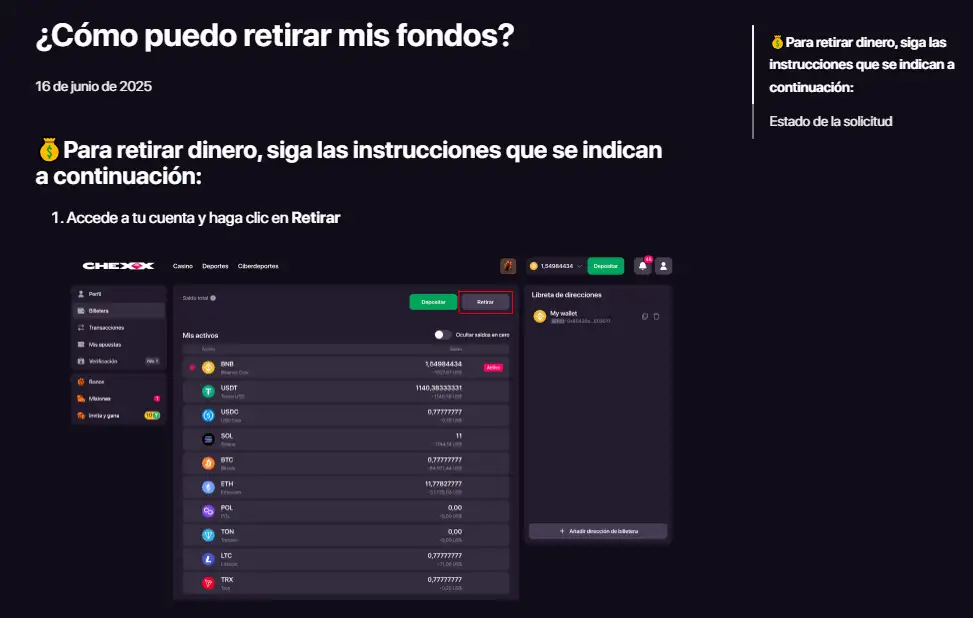 Área de retiro de CHEXX con selección de criptomoneda y red