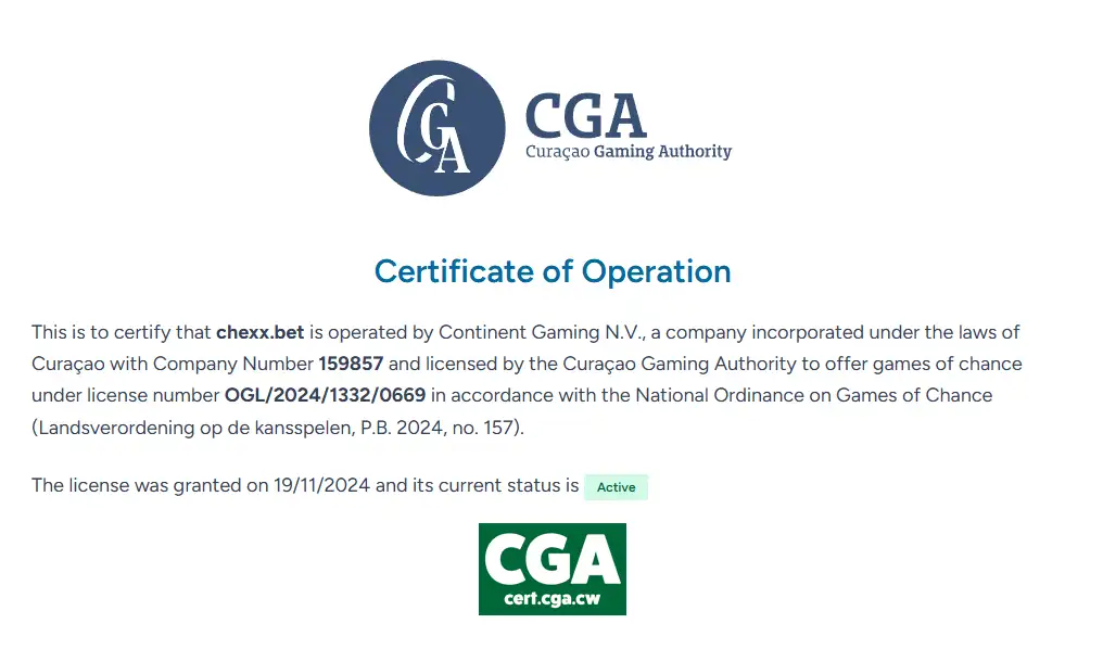 Certificado de operación de CHEXX en el registro de la Curaçao Gaming Authority