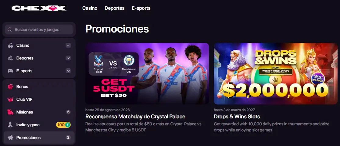 Sección de promociones de CHEXX con recompensas y campañas activas