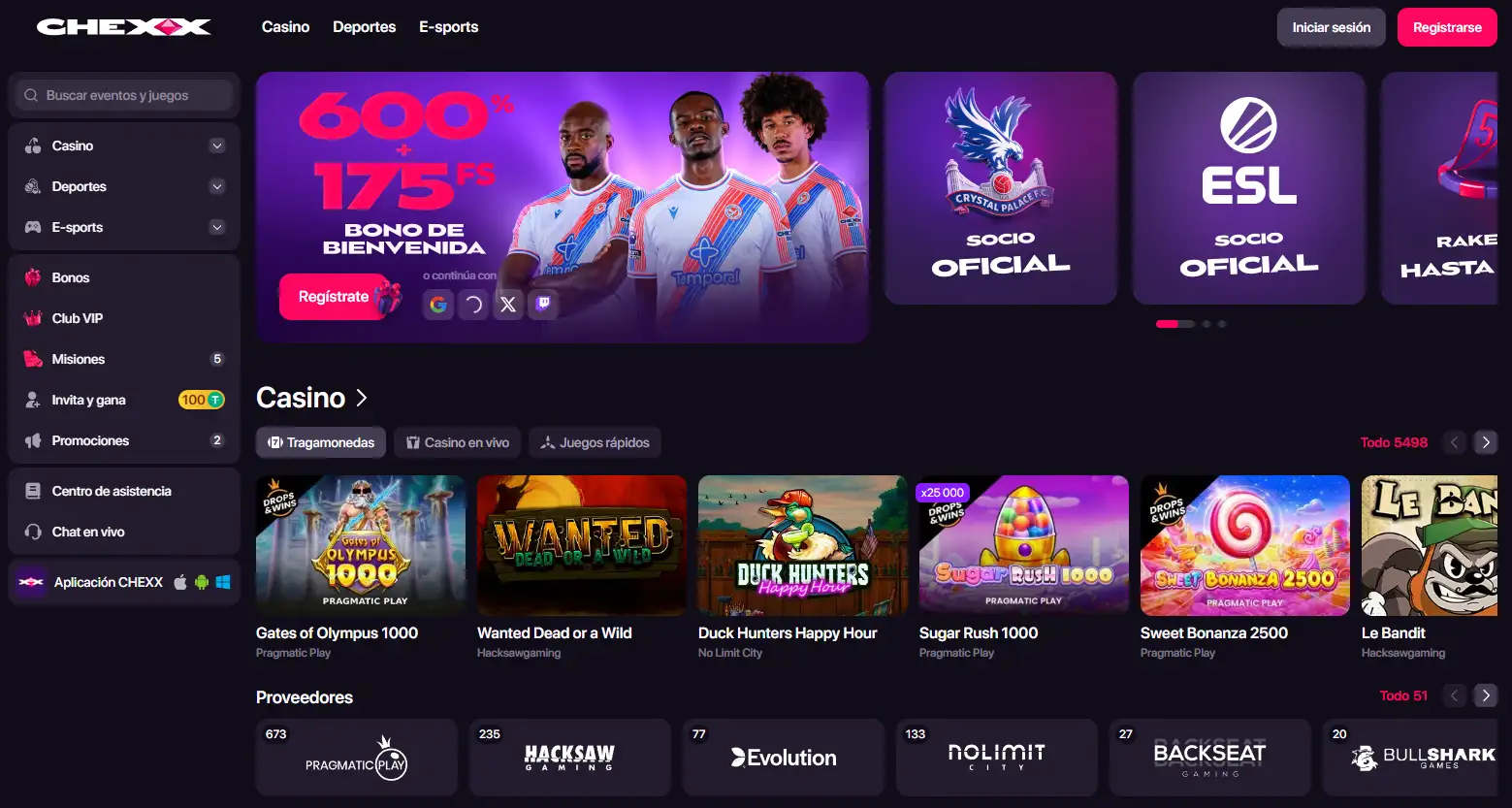 Portada de CHEXX con accesos a casino y apuestas deportivas